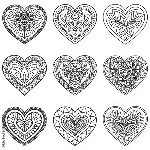Heart Mandala Coloring Page Set 9 Premium Black And White Vector Designs