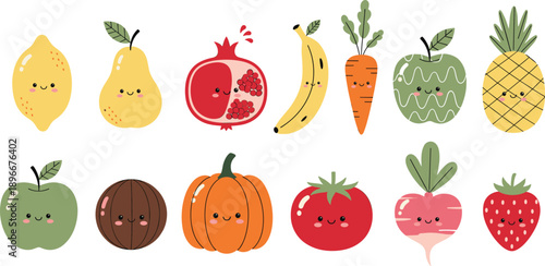 Cute Kawaii Fruit and Vegetable Vector Set with Smiling Faces Featuring Strawberry, Pineapple, Pomegranate, and Carrot for Kids Nutrition and Healthy Eating