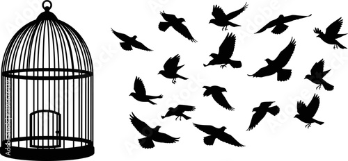 Silhouette illustration of open birdcage with flying birds symbolizing freedom, escape, hope, independence, liberation concept isolated on white background vector design minimal art