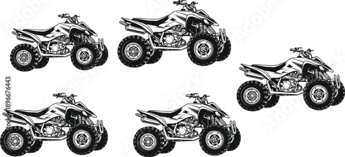 Set of detailed ATV quad bike silhouettes, off road four wheeler vehicle illustration, extreme sports transportation design isolated on white background