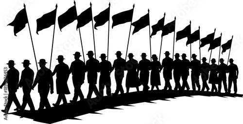 Silhouette march of people carrying flags in formation symbolizing unity, discipline and political movement, collective action and social solidarity concept, historic protest parade illustration