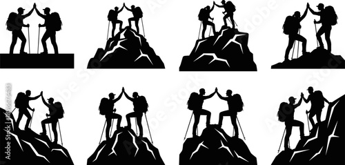 Silhouette mountain climbers helping each other reach the summit, symbolizing teamwork, trust, leadership, cooperation, success, adventure, support and achievement across challenging peaksSilhouette 
