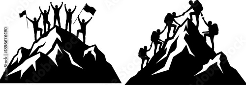 Silhouette mountain climbers celebrating summit and helping teammates ascend, symbolizing teamwork, leadership, success, unity, motivation, achievement, support and outdoor adventure concept