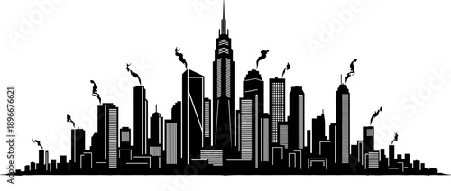 Silhouette of city skyline with dynamic human figures leaping from rooftops, symbolizing urban life, freedom, and surreal motion for conceptual vector illustration themes.