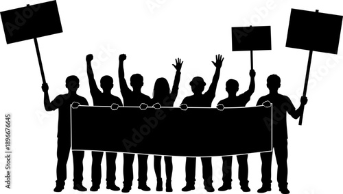 Silhouette of diverse protest crowd holding blank banners and placards, raised fists, peaceful demonstration concept for activism, rights, freedom, rally, social movement on white background
