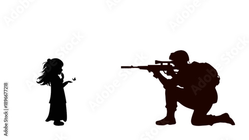 Soldier with Sniper Rifle Pointing at Little Child Silhouette