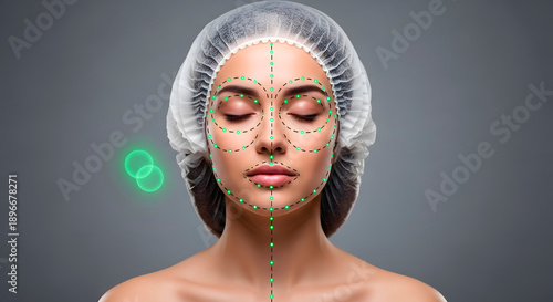 Woman with surgical cap and digital facial mapping lines. Aesthetic medicine and plastic surgery concept.
