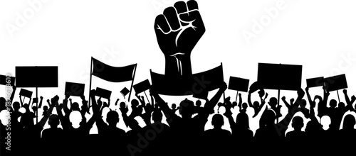 Silhouette protest crowd with raised clenched fist and banners, representing resistance, unity, freedom, social justice, activism, democracy and powerful mass movement concept