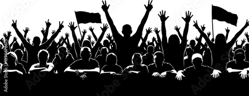 Silhouette protest crowd with raised hands and peace signs symbolizing unity, freedom and collective voice, political activism and social movement demonstration 