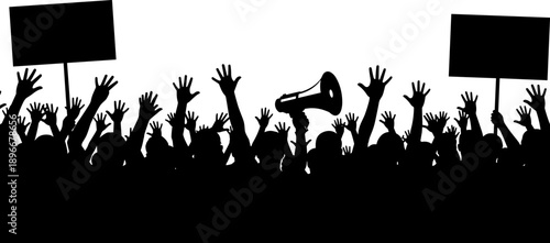 Silhouette protest crowd with raised hands, megaphone and placards symbolizing freedom of speech, political activism and public demonstration, social movement and unity concept illustration