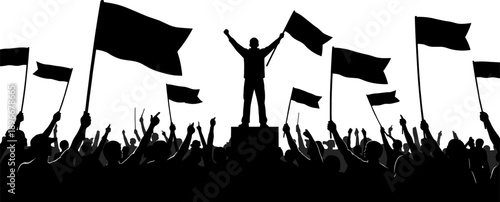 Silhouette protest leader standing above crowd waving flags and raised fists symbolizing revolution, freedom and unity, political activism and mass demonstration concept illustration
