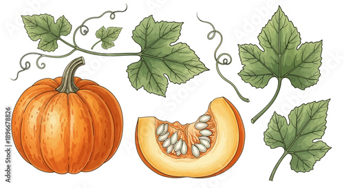Watercolor Pumpkin Botanical Illustration with Leaves and Slices
