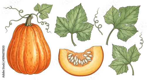 Watercolor Pumpkin Botanical Illustration with Leaves and Slices