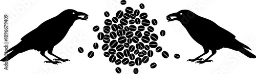 Silhouette ravens facing pile of coffee beans, minimalist black and white illustration symbolizing caffeine culture, balance, mystery, symmetry, creativity and modern graphic design concept