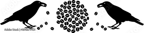 Silhouette ravens with scattered coffee beans illustration, symbolizing mystery, intelligence, caffeine culture, dark aesthetics, balance, symmetry 