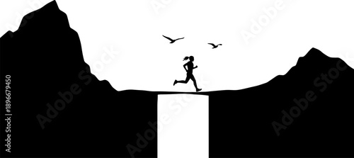 Silhouette runner crossing a narrow bridge between mountains, symbolizing determination, courage, endurance, balance, fitness motivation, personal challenge, progress and overcoming obstacles in 