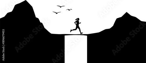 Silhouette runner crossing narrow bridge between mountains, symbolizing challenge, determination, courage, balance, endurance, fitness journey, goal achievement and overcoming obstacles concept