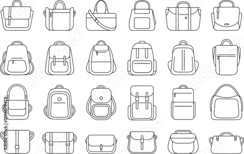 Adobe IllustratAssortment of outline bag and backpack icons in gray and white, handbags, tote bags and carry items for web and UI design.or Artwork