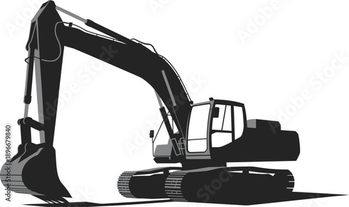 Black excavator construction machine silhouette, heavy crawler digger equipment for building, mining and earthmoving projects isolated on white background.
