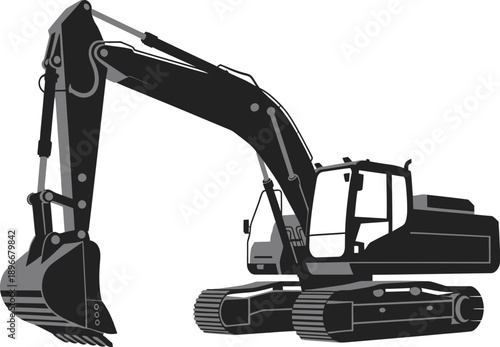 construction excavator vector illustration, tracked heavy machinery digger for industrial work, road construction and mining isolated on white.