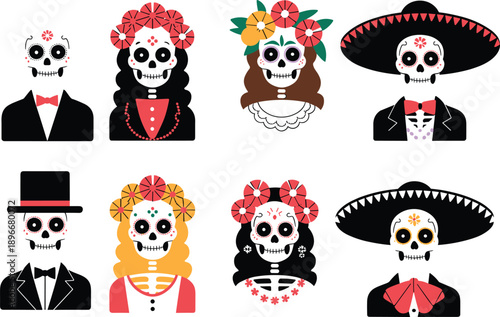 Colorful Day of the Dead skull couple illustration, traditional Mexican sugar skull characters with floral decorations and festive costume design vector