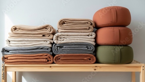 Neatly Folded Blankets and Cushions on a Wooden Shelf.