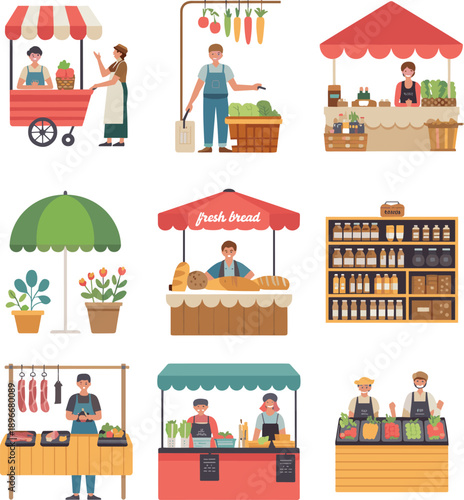 Colorful farmers market illustration with vendors, fresh vegetables, fruits, bread, flowers, and organic products stalls, local business vector concept