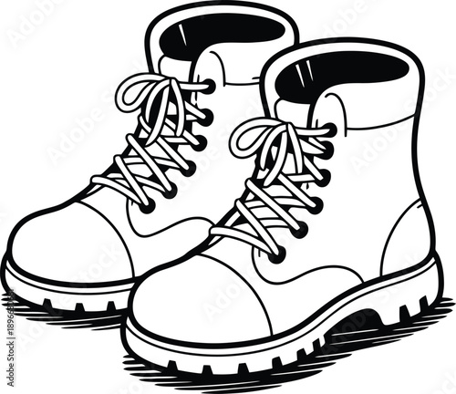 A pair of black boots are displayed in a stark silhouette