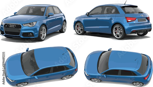 Blue hatchback car vector mockup set with multiple perspective and top views for automotive branding transport service and rental business isolated on white background