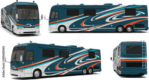 Luxury Blue Class A Motorhome RV Vector Illustration Set Featuring Multiple Views Including Front Side and Rear Angles with Modern Graphics Isolated on White Background