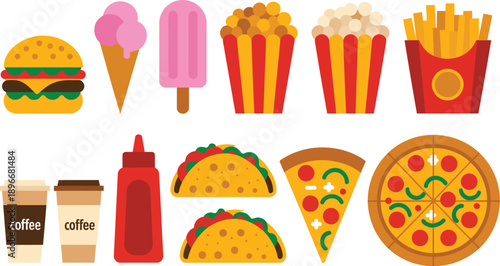 Colorful cartoon fast food set, pizza, burger, taco, popcorn, fries, coffee, hotdog and ice cream, flat vector snack meal illustration.