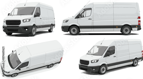 Modern White Cargo Delivery Van Vector Illustration Set Featuring Multiple View Angles Including Front Side and Top Views Isolated on White Background for Commercial Branding