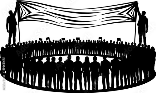 Silhouette unity crowd standing together beneath large banner symbolizing solidarity, freedom and collective voice, political activism and social movement gathering concept, community strength 