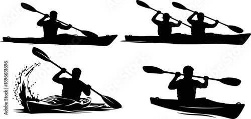 Silhouette vector set of kayakers paddling in various dynamic poses, including solo and tandem kayaking, viewed from side and front angles, ideal for outdoor themes.