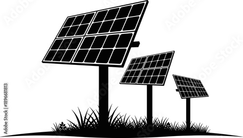 Solar panel silhouette set renewable energy farm black vector illustration eco power technology isolated on white background for clean electricity and sustainable design projects
