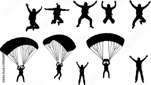 Skydiving and parachuting silhouettes set showing free fall jumps and open parachutes, extreme sports adventure illustration isolated on white background for outdoor activity themes