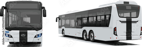 Modern White Public Transit City Bus Vector Illustration Set Featuring Front and Side View Angles Isolated on White Background for Urban Transportation and Branding