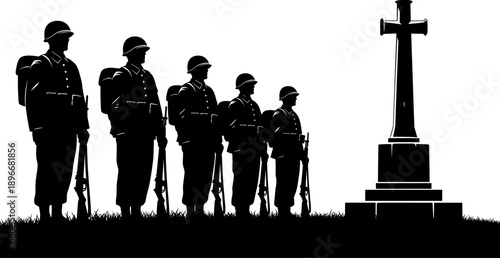 Soldiers memorial silhouette illustration with uniformed troops standing in respect beside a cross monument symbolizing remembrance, sacrifice, military honor,