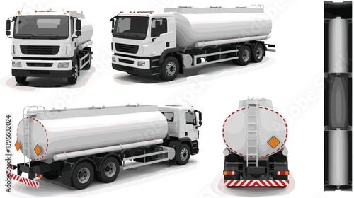 Professional white tanker truck mockup set featuring front side rear and top views for industrial fuel chemical water transport and liquid logistics branding design
