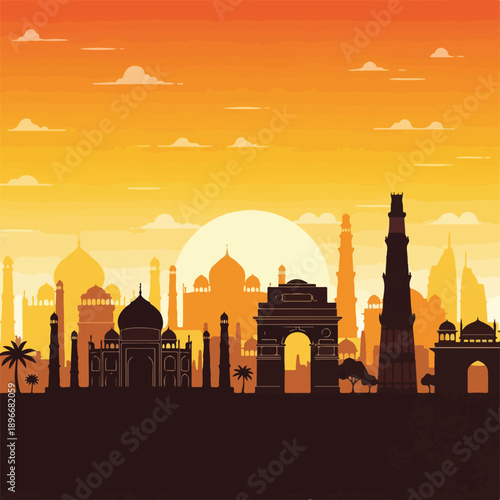 Vibrant Indian cityscape at sunset with iconic architecture