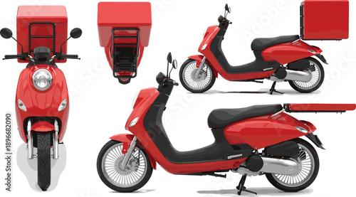 Red delivery motor scooter 3D mockup set with cargo box for food transport and courier service isolated on white background for branding design