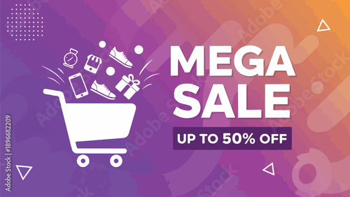 Vibrant sale advertisement with shopping cart and discounts