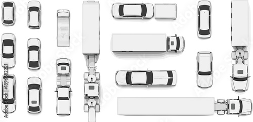 Top View Collection of White Vehicles Including Sedans Trucks and Semi Trailers Isolated on White Background for Urban Planning and Traffic Map Design