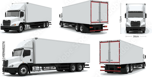 White Box Truck Mockup Set with Front Side and Rear Views Isolated on White Background for Commercial Delivery Transport Branding and Logistic Cargo Design