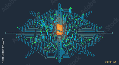 An intricate isometric digital city on a circuit board, featuring interconnected structures and a glowing central data hub, symbolizing advanced technology and smart urbanism.