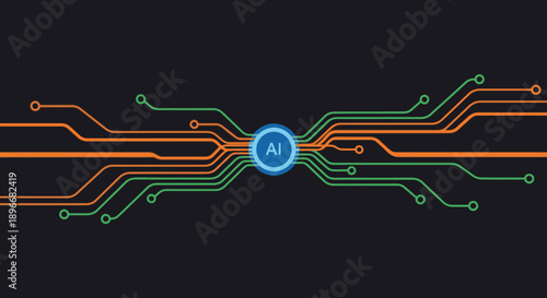 A dynamic digital illustration depicts a central AI core, connecting data pathways, symbolizing technological networks and machine learning.