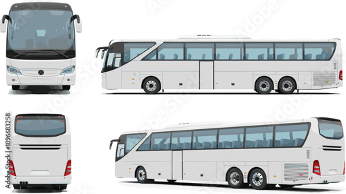 White luxury tour bus vector mockup set with multiple views for travel agency tourism transport and long distance charter service isolated on white background