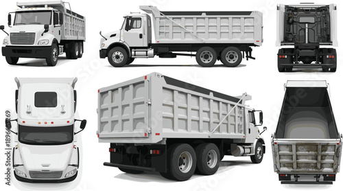 White heavy duty dump truck 3D vector mockup set with multiple views for construction industry logistics and freight transport isolated on white background design