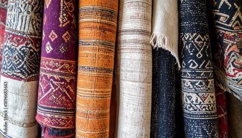 Colorful textiles with intricate patterns and textures in a market.