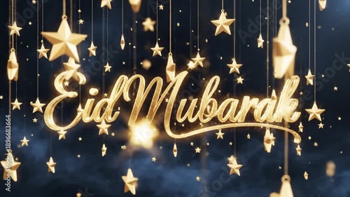 Golden Eid Mubarak greeting text elegantly displayed amidst numerous hanging star ornaments creating a festive and spiritual religious holiday celebration atmosphere